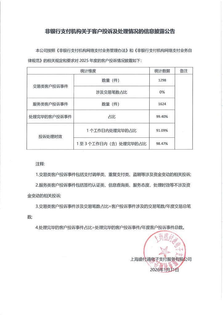 非银行支付机构关于客户投诉及处理情况的信息披露公告（2025年）